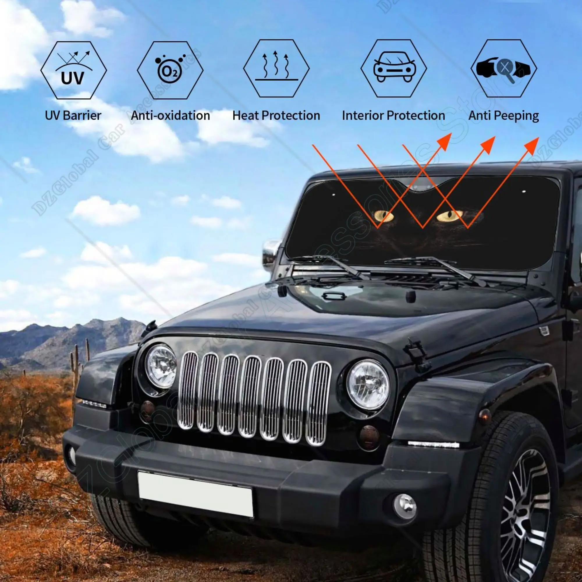 Black Leopard Print Windshield Sun Shade Umbrella – 55x27.5 Inch Foldable Car Sunshade For UV & Heat Protection