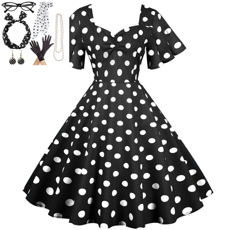 

7pc/set Classic Women A-line Rockabilly Dress Polka Dots Dress with Jewelry Set Hepburn 1950s 60s Retro Vintage Party Dresses