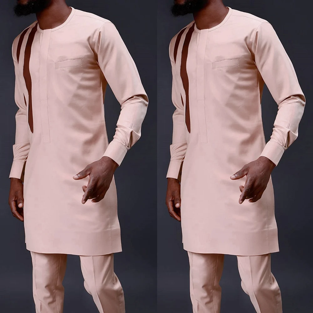 2023 New Men's Suit Top Trousers 2-piece Set Solid Color Round Neck Printed Long Sleeve Suit Wedding Dress African Ethnic Style