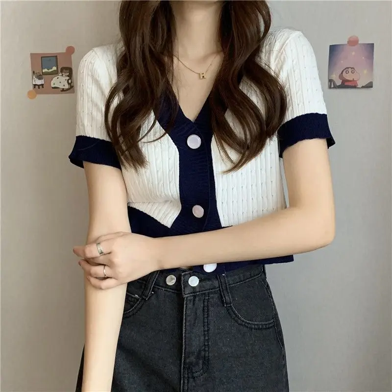 2026 Women's T-shirt V-neck Short Sleeve Knit Summer New Short High-waisted Cardigan Casual Y2k Tops Woman 5