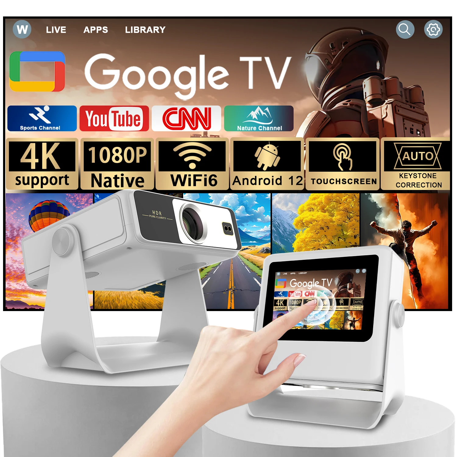 7인치 스마트 프로젝터 안드로이드 12 4K 자동 초점 180 °   노인용 터치식 회전형 WiFi BT 휴대용 기기