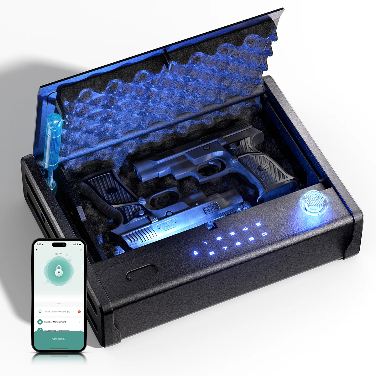 Stainless Steel Biometric Pistol Safe Box for 2 Handguns with Fingerprint and APP Control