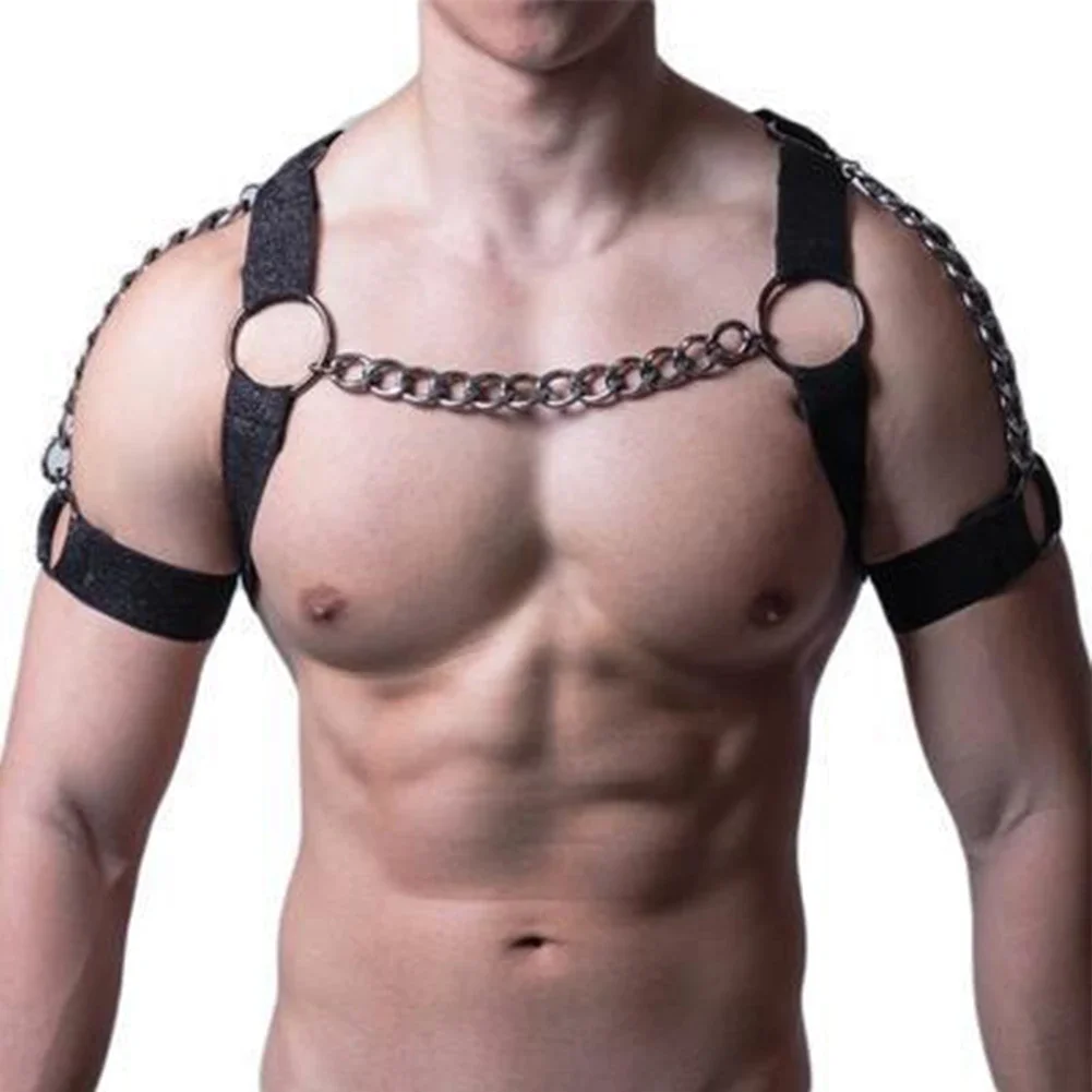 Men Sexy Punk Chest Harness Adjustable Caged Metal Body Chain PU Leather Choker Statement Necklace Party Clubwear