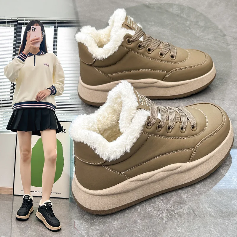 

Кроссовки женские плюшевые на толстой подошве, однотонные теплые меховые, на шнуровке, Вулканизированная подошва, повседневная обувь