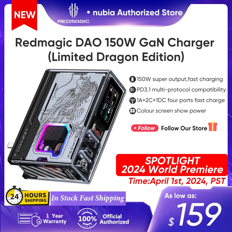 

Redmagic DAO 150W GaN Charger Super Fast Charger Adapter RGB Light Effects 1A 1DC 2Type c Charger for Iphone 15 Pro Max Laptop