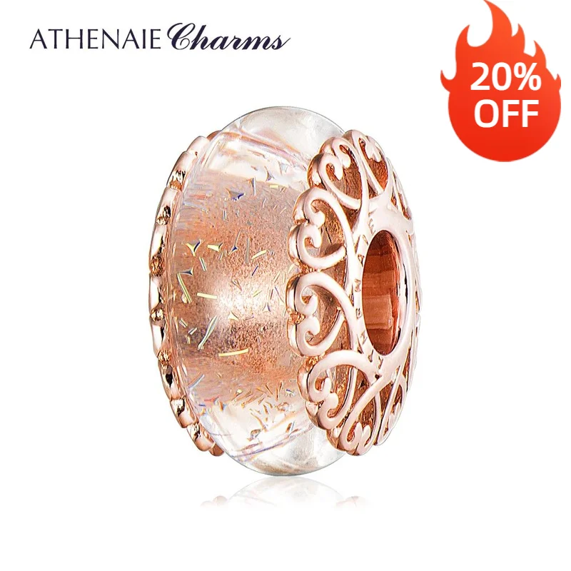 

ATHENAIE Genuine Murano Glass Charm Silver Alloy Heart Core Iridescent Shimmer Bead Fit European Bracelets Bangle