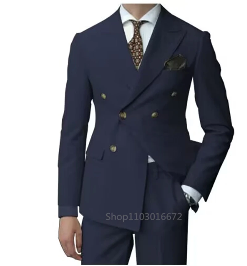 2 Pieces Men Wedding Suits Set Fashion New Men's Formal Business Suits Sets Peak Lapel Double Breasted Blazer Trousers for Prom
