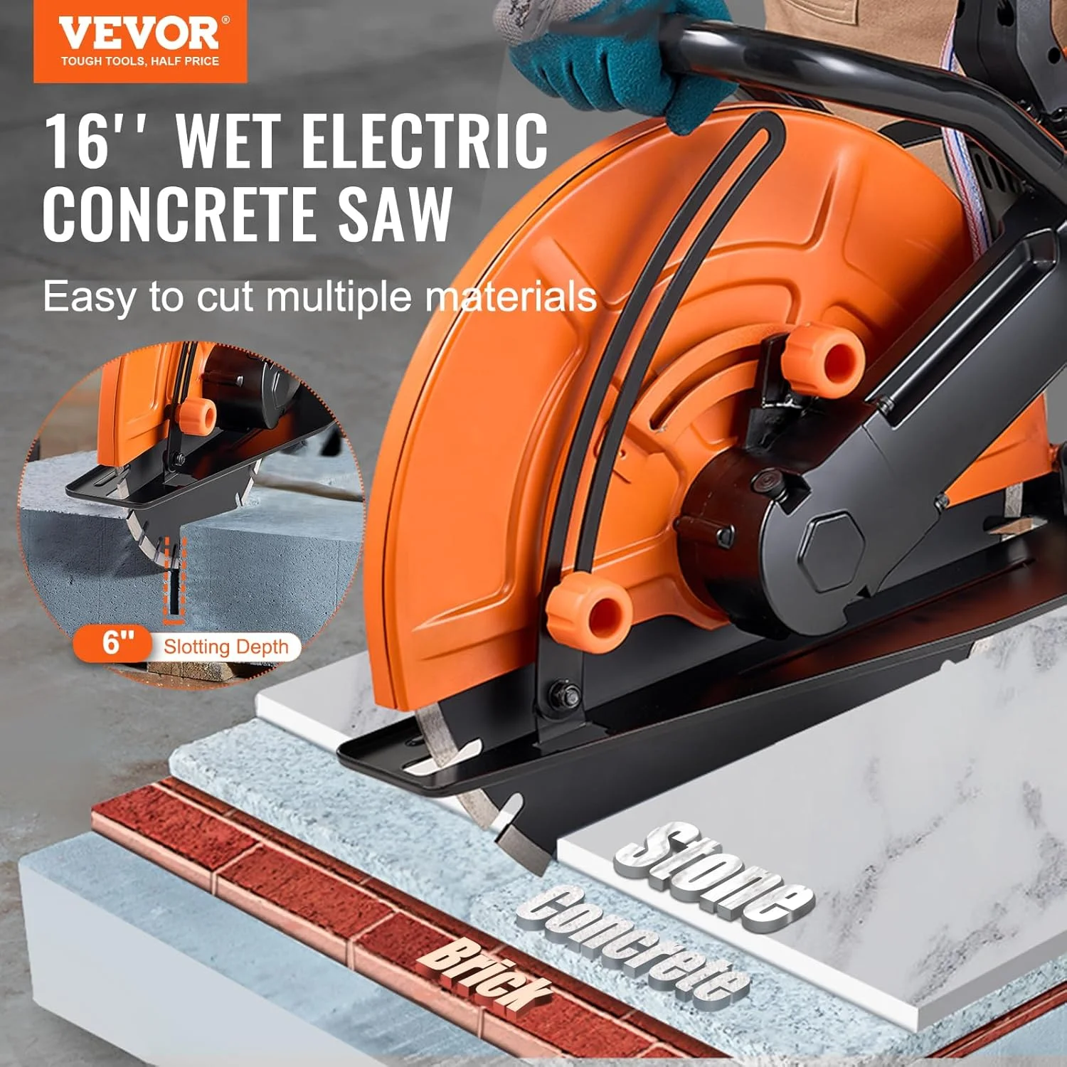 Electric Concrete Saw, 16 in, 3200 W Motor Circular Saw Cutter with Max. 6 in Adjustable Cutting Depth, Wet Disk Saws