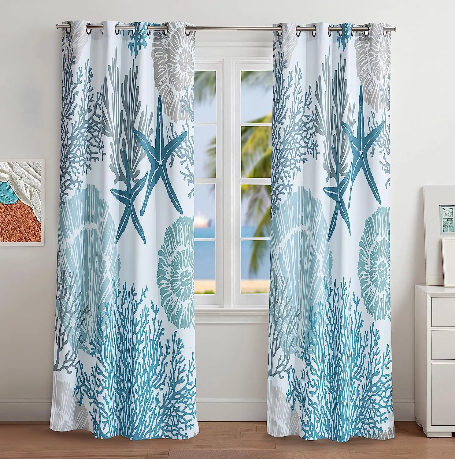 

Coastal Window Curtains Grommet Drapes Nautical Beach Thermal Insulating Light Blocking Privacy Curtain for Living Room Bedroom