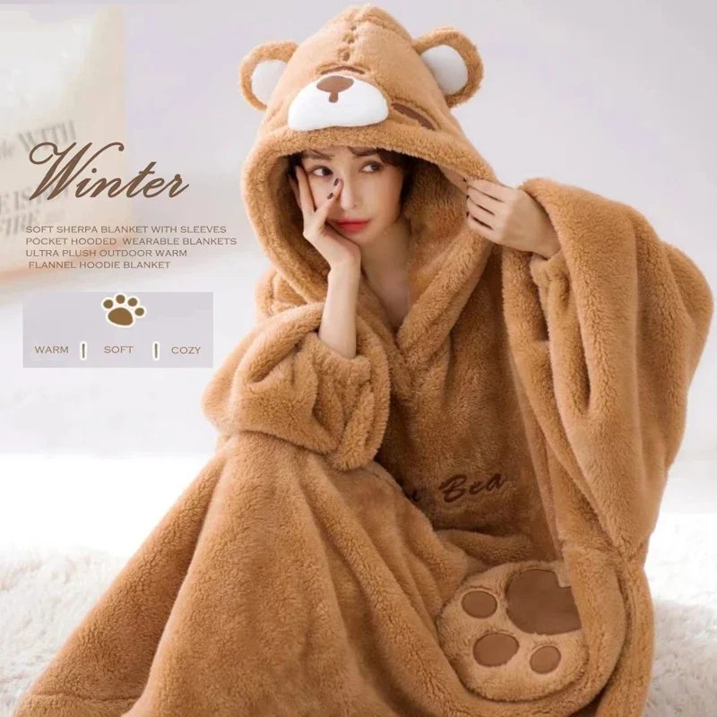 Sacebeleu Deken hoodie sweatshirt, wollige sherpa tv-deken met mouwen, oversized capuchontrui, knuffeldeken met kangoeroezak, flanellen fleecedeken, eenheidsmaat voor dames en heren