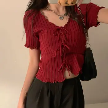 Knitted TShirt For Women V-neck Summer Simple Versatile Casual Crop Tops Bandage Ribbed Short Sleeve Women's Top T-Shirt Girl 1
