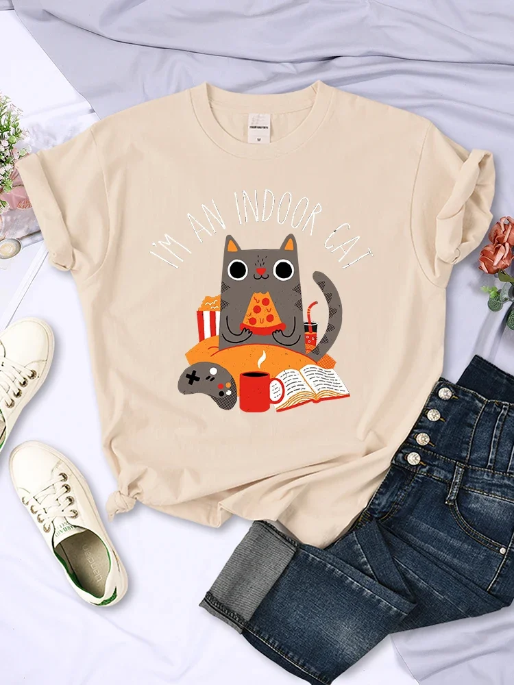 

Print Women's T ShirtsCat Sitting and Eating Pizza Oversized Breathable Tops Fashion Female Short Sleeve Breathable Leisure Tees