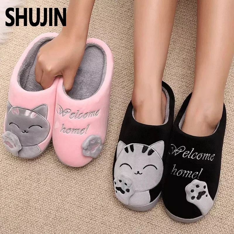 2024 Winter Warm Fur Slippers Cartoon Cat Non-Slip Women Men Soft House Indoor Home Bedroom Boys Girl Memory Foam Floor Shoes