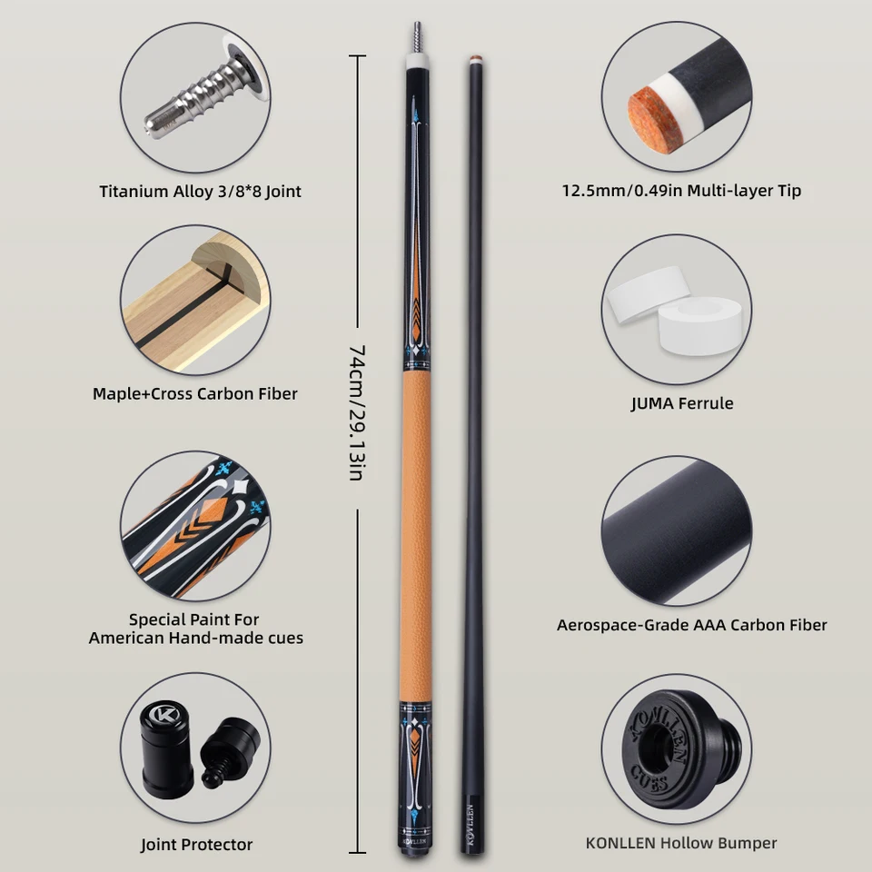 KONLLEN Billiard Carbon Fiber Pool Cue Stick 12.5mm Tip 3*8/8