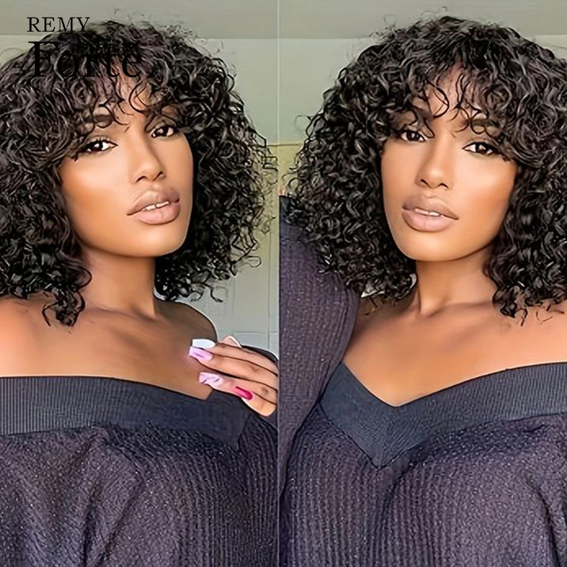 

Jerry Curly Bob Human Hair Wigs With Bangs Short Non lace Wig Glueless Wig Water Wave Natural Black Pixie Cut Bob Wigs For Women