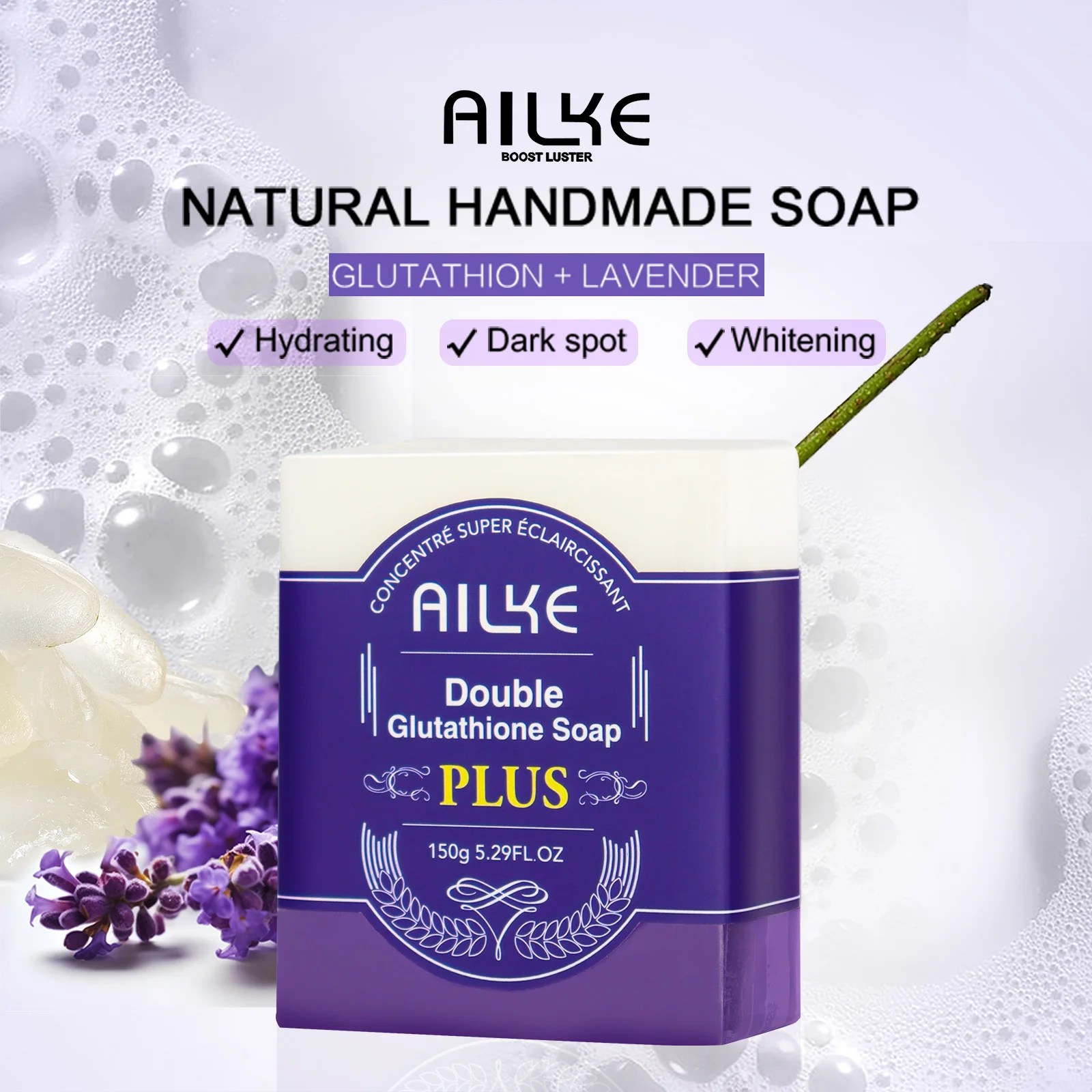 AILKE Double Glutathione PLUS Whitening Soap Bar, Reduce Dark Spots, Deep Clean Skin, Natural Lavender Scented for Face & Body