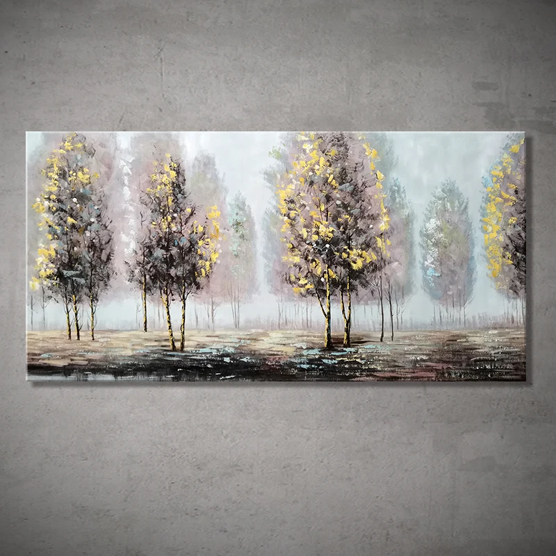 

100% Handmade Handpaint Oil Paintings On Canvas,Forest Tree Golden Lovely Abstract Texture Wall Art,Mural Living Room Home Decor