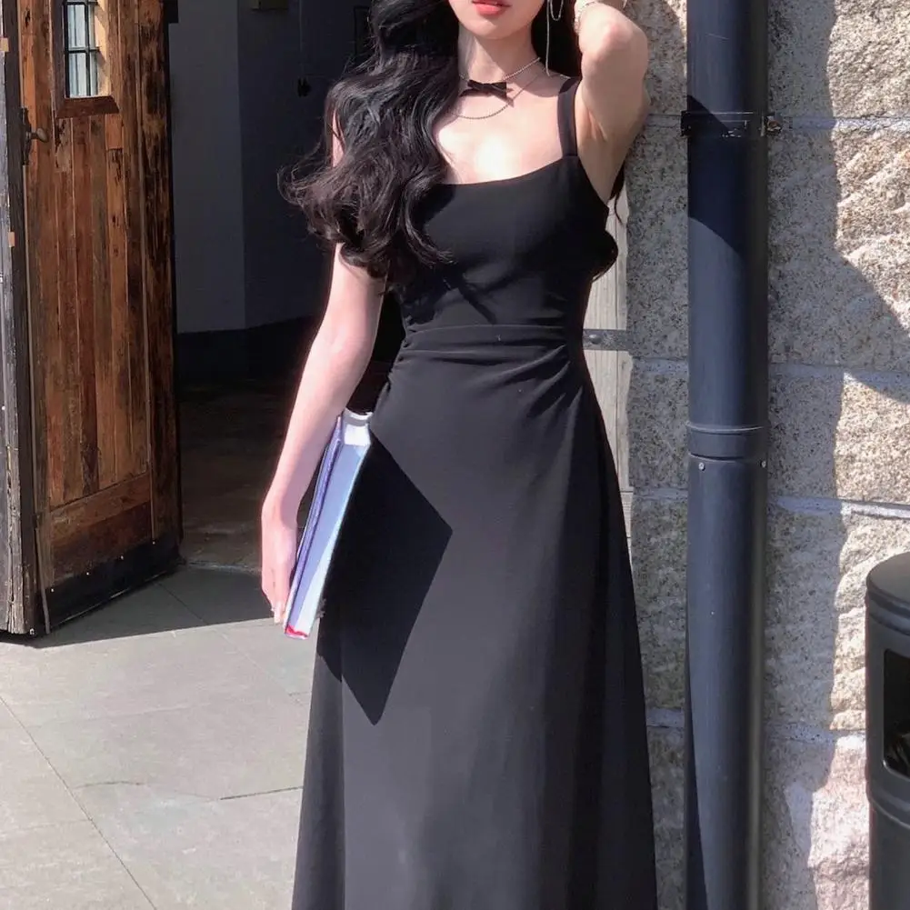 

Square Neckline Women Dress Elegant Maxi Dress for Evening Parties with Square Neckline High Waist A-line Pleated Design Solid