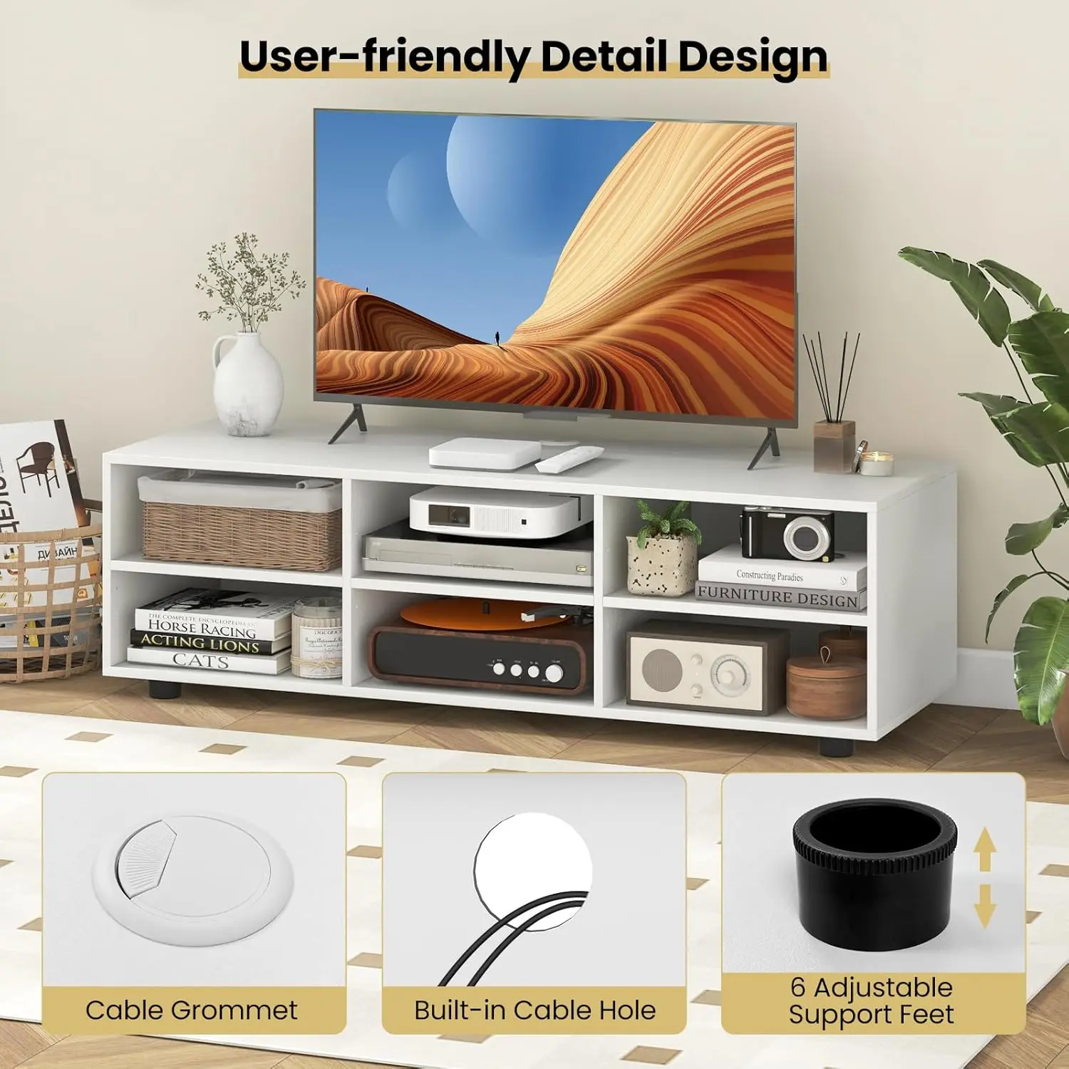 White TV Stand. Bedroom. TV up to 55". Media Center. Storage. 5-Position Shelves. Wood Console. Living Room. 6-Cubby. 45".