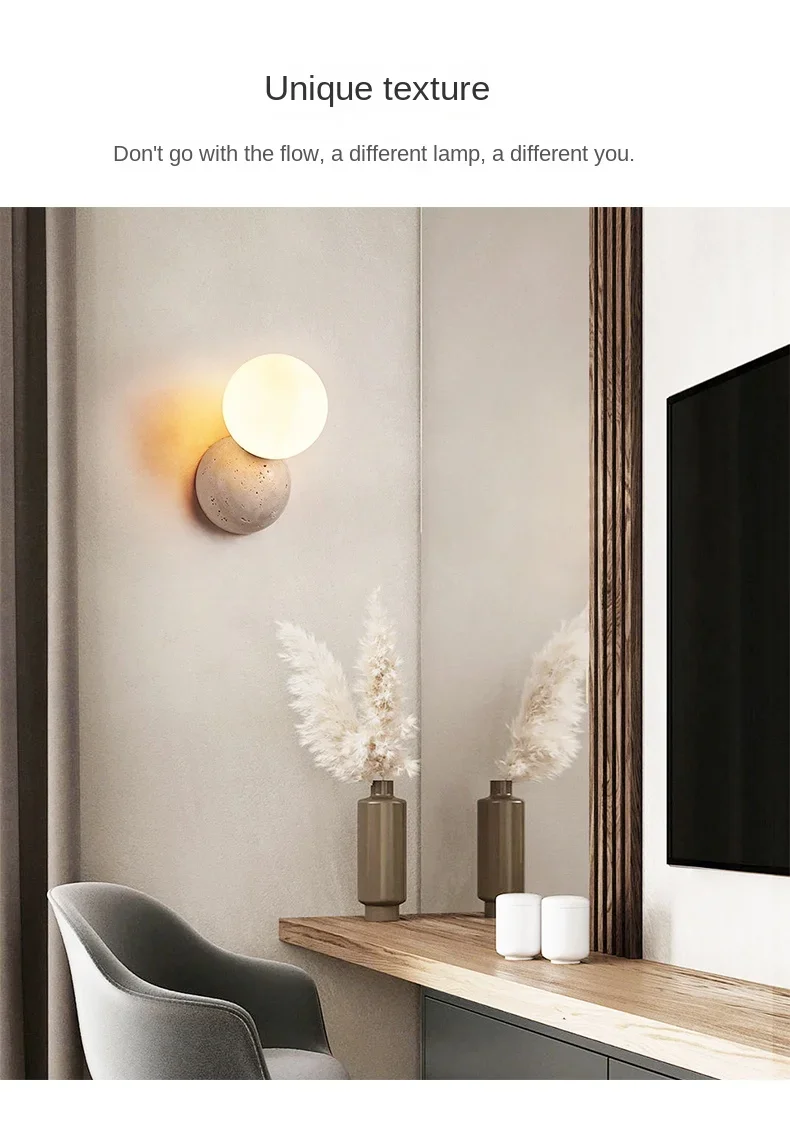 Cream Style LED Wall Lamp Round Cave Stone Bedside Light Image 1