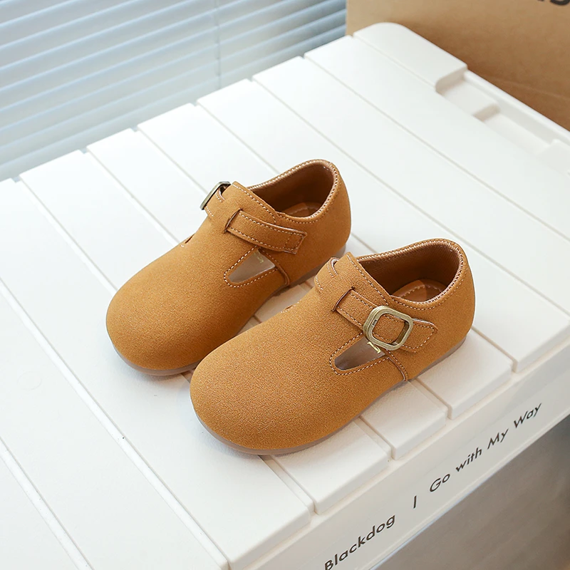 Fashion Children T-starp Fur Leather Shoes Korean Kids Unisex Casual Shoes Toddler Girls Boy Buckle Moccasin Autumn Spring