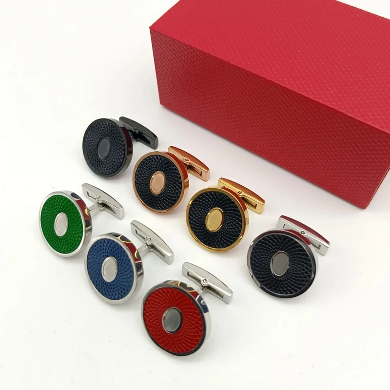 

Luxury High Quality CT Round Green Blue Red Black Cuff Links Detail Business Suit Shirts CuffLinks Classic Buttons Box Set