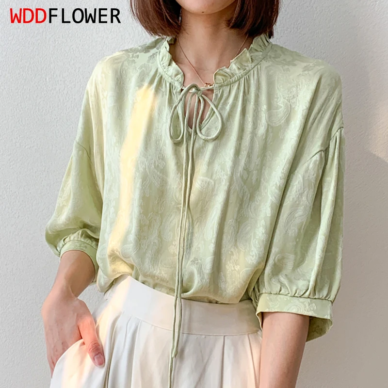 

Women Silk Blouse 20 Momme 93% Mulberry Silk 7% Spandex Light Green Cashew Jacquard Ruffles Neck Loose Type Shirt Top L XL MM998