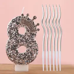 Elegant Black and Silver Glitter Number Birthday Candle Cake Topper with Spiral Accent Candles (Fluorescent Pink)
