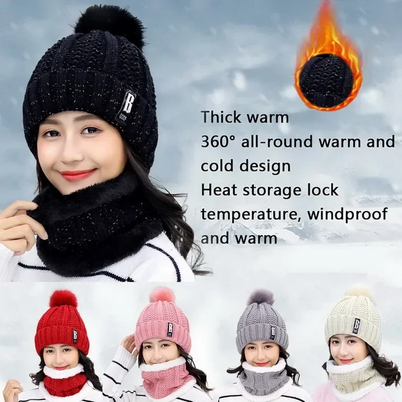 

Winter Knitted Scarf Hat Set Thick Warm Skullies Beanies Hats for Women Solid Outdoor Snow Riding Ski Bonnet Caps Girl