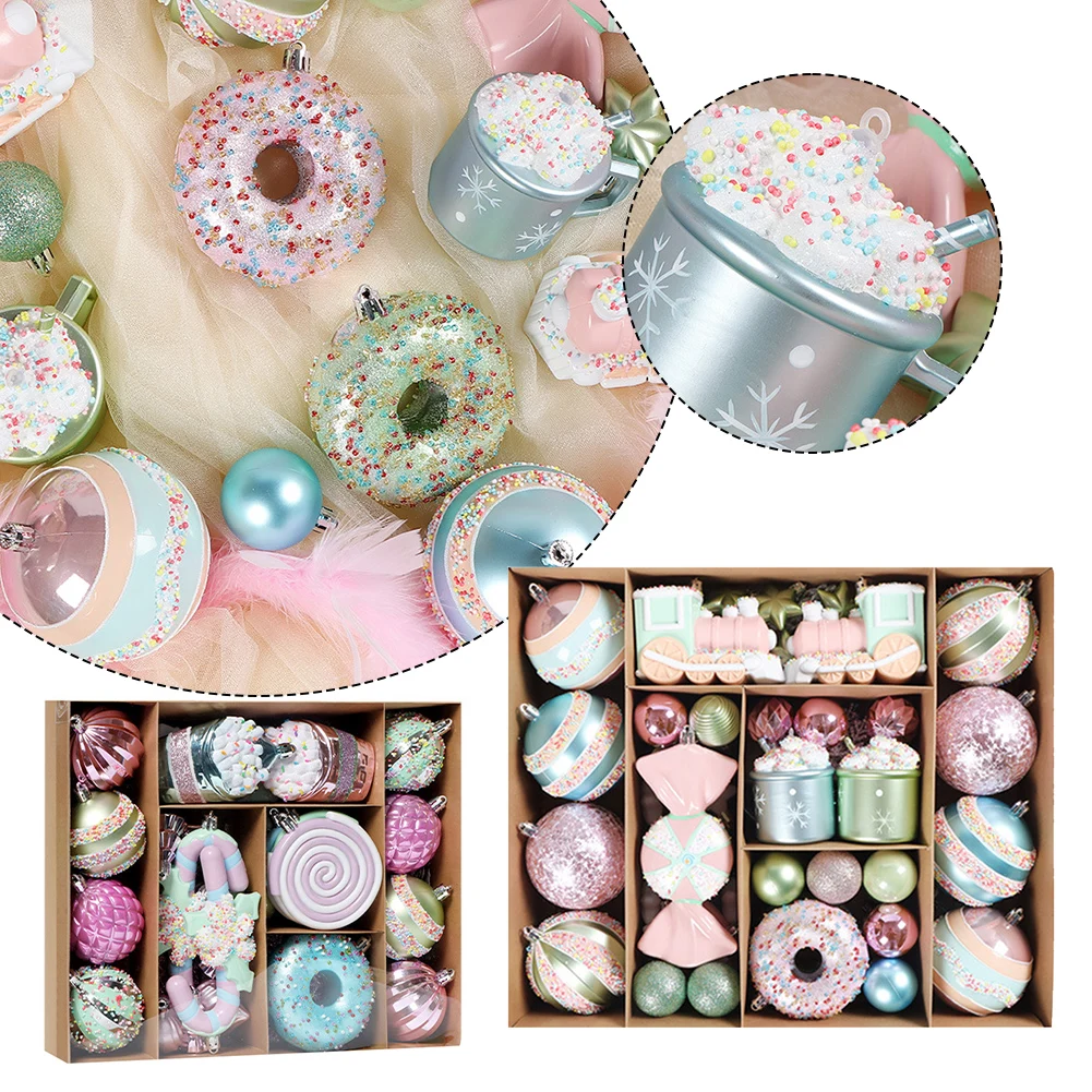 

48/70PCS Xmas Tree Hanging Ball Macaron Ice Cream Donut Shapes Pendants Home Party PET Christmas Garden Home Ornament.