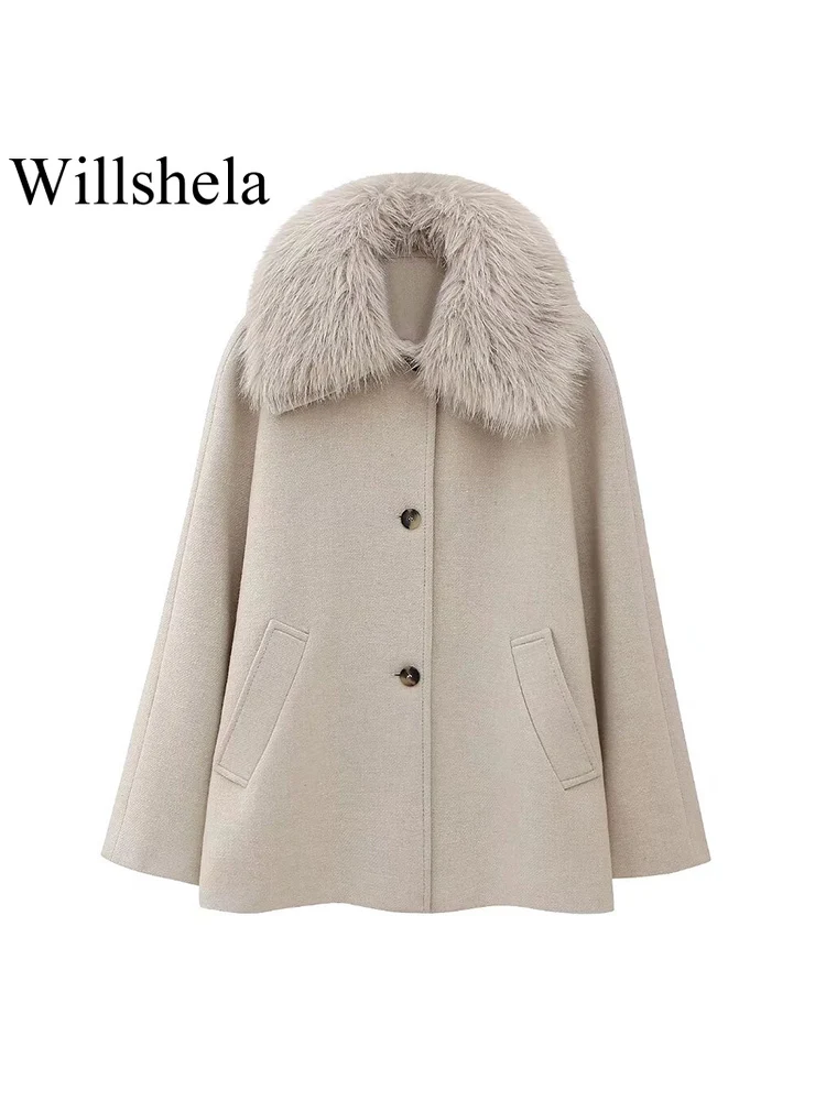 

Willshela Women Fashion Faux Fur Beige Single Breasted Coats Vintage Lapel Neck Long Sleeves Female Chic Lady Outfits