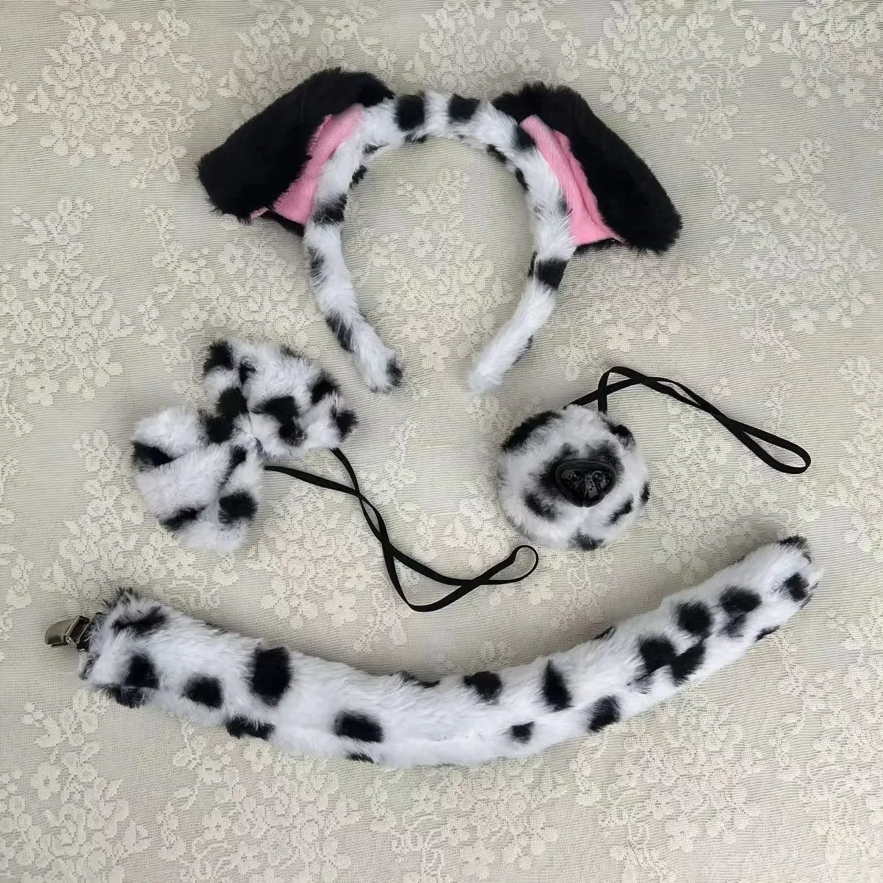 Set Costume Dalmata Con Orecchie Su Fascia E Coda | Accessorio Per Travestimento | Bianco E Nero | Per Festa Di Carnevale E Book Day
