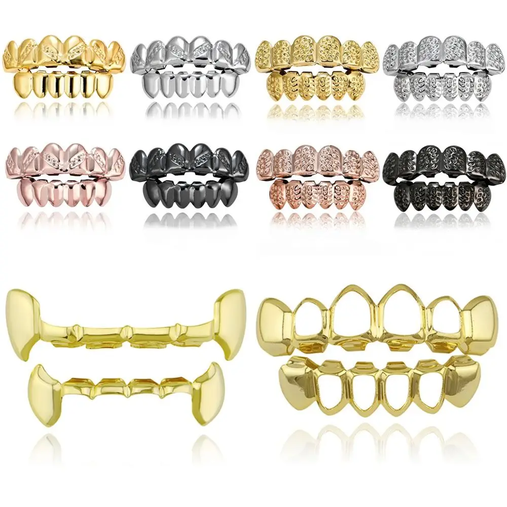 18K Gold Plated Hip Hop Teeth Grillz Set – Custom Top & Bottom Diamond Grill Mouthpiece