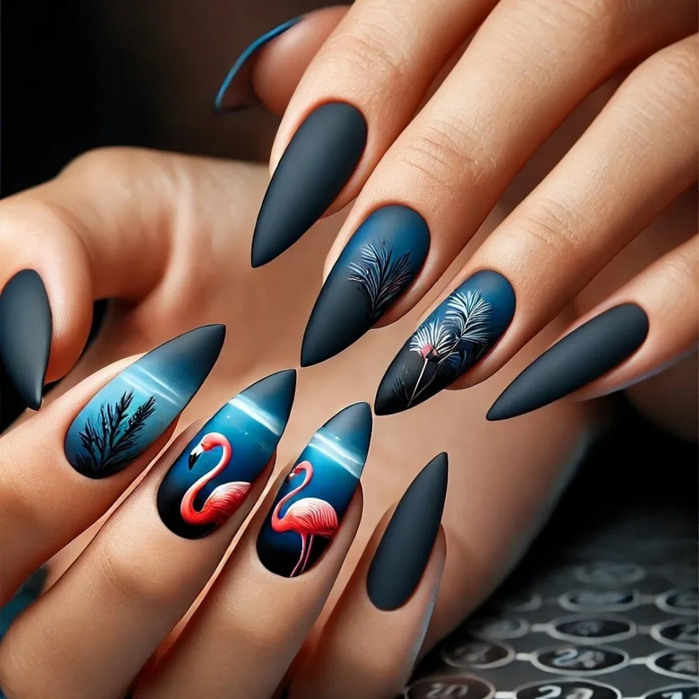 24pcs/set Medium Long Fake Nails Square Ballet Nail Tips Glitters Starry Sky Moon Star Feather Design Press On False Nail Art