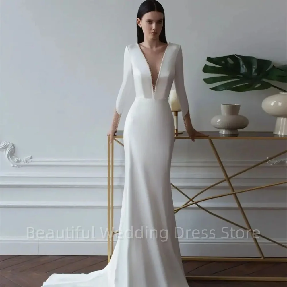 

Classic White Deep V-Neck Satin Wedding Dress Simple 3/4 Sleeve Backless Mermaid Bridal Gowns Sweep Train For Women Brides Gowns