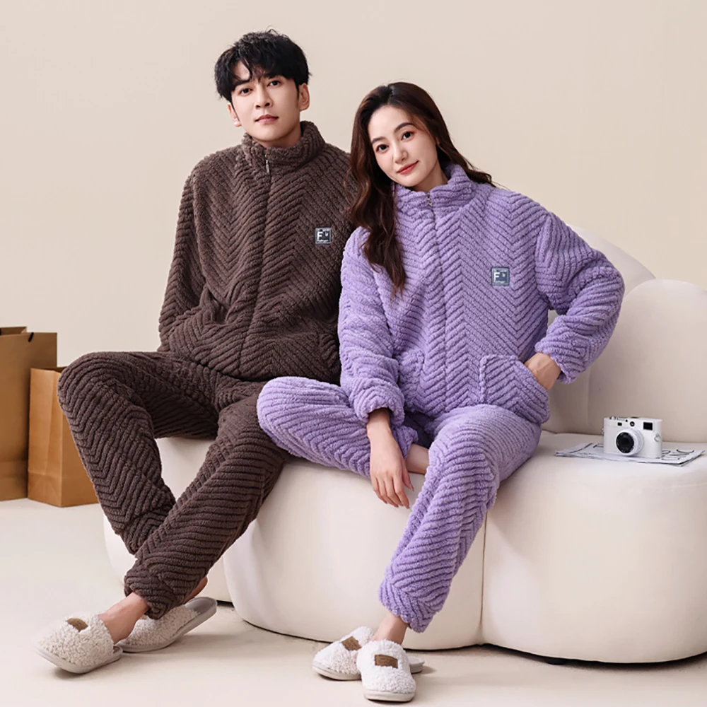 Fashion Zipper Solid Couple Sleepwear 4XL Big Size Men's Winter Pajamas Thicken Flannel Warm Pijamas Set for Women pijama hombre