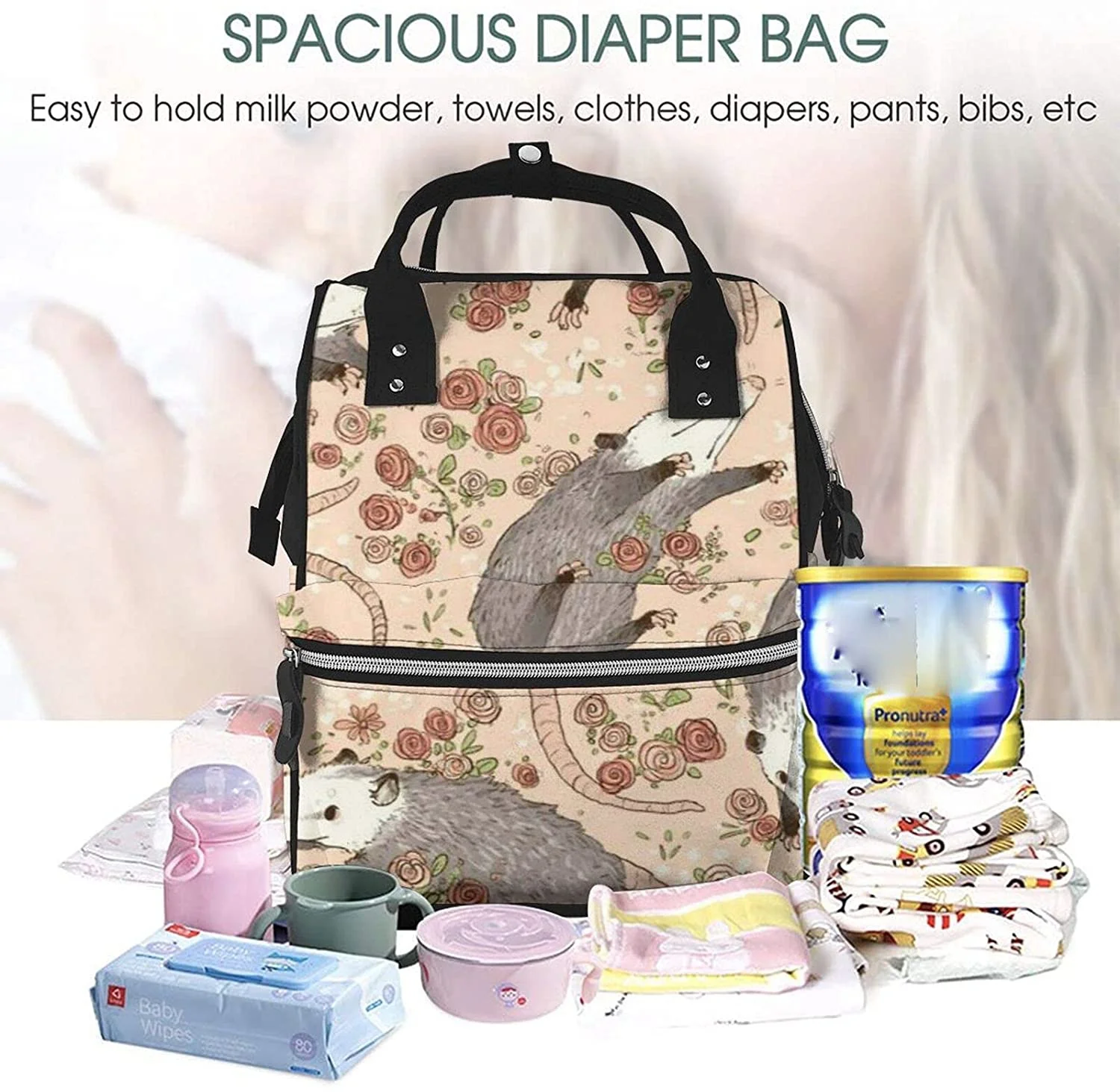Opossum and Roses Printed Mummy Backpack Diaper Bag Multi-Function Maternity Nappy Bags, Kid Bag with Laptop Pocket