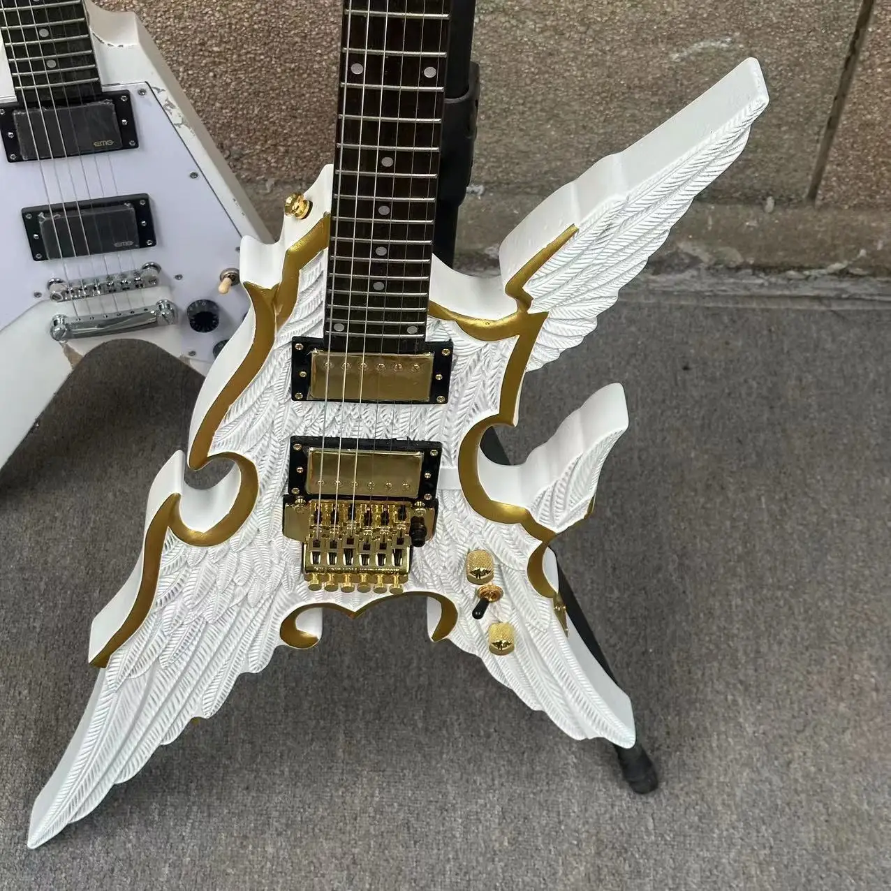 Engraved Angel Wings 6-S Electric Guitar HH White Body with Gold Parts Fast