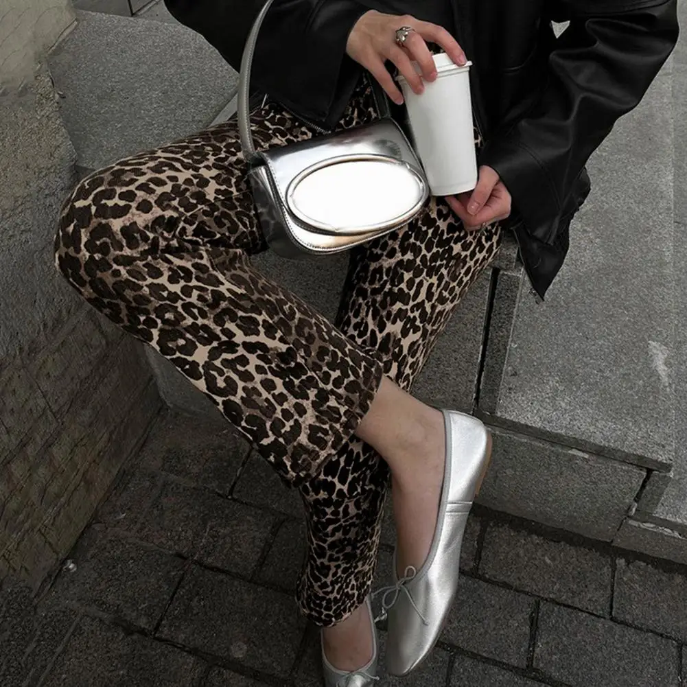 Leopard Print Pencil Pants Leopard Print Slim Fit Pencil Pants for Women with Button Zipper Fly Pockets Mid-rise Long Trousers