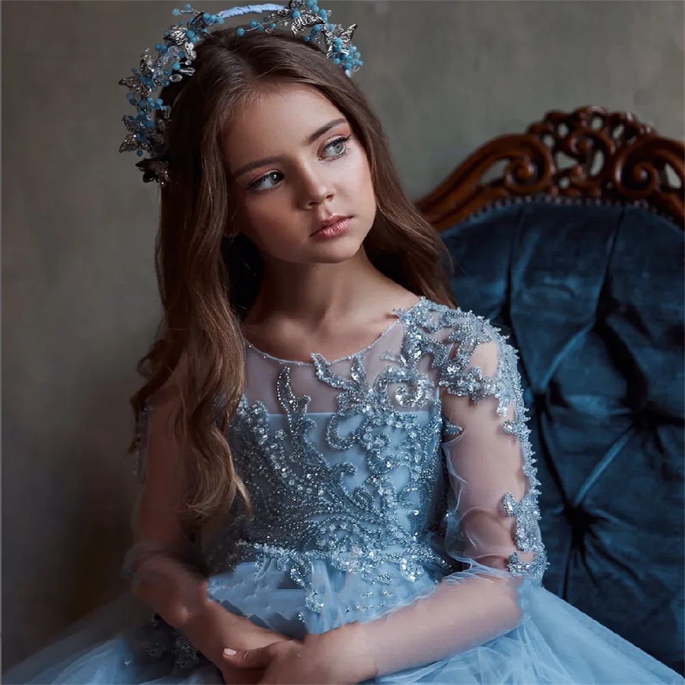 Flower Girl Dress Tulle Blue Wedding Birthday Full Sleeves Beaded Princess Kids First Communion Party Dresses Ball Gowns