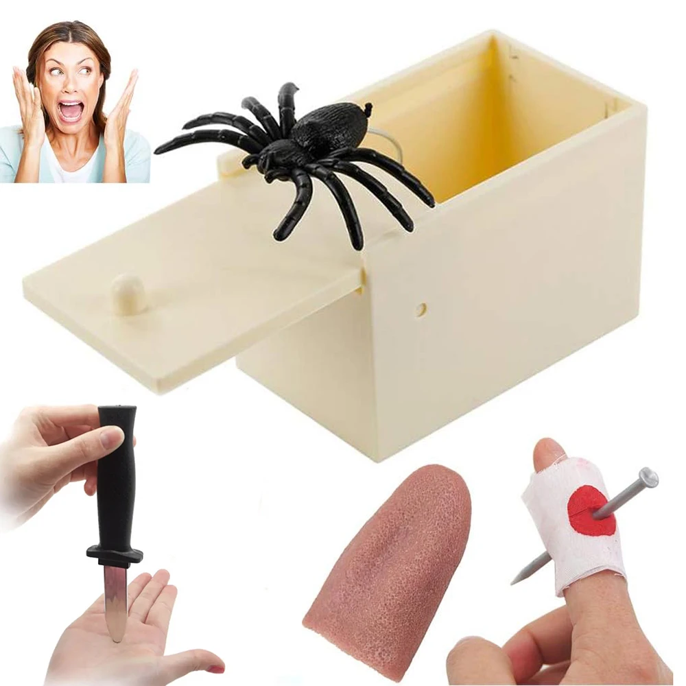 Kids Funny Prank Spider Box Fake Tongue Fake Finger Through Nail Snake Toys for Halloween Party Favors Decoration Prank Toy