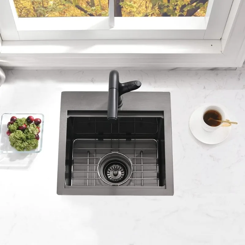15 Inch Black Drop In Bar Sink Bar Outdoor Rv Sink 16 Gauge Black Stainless Steel Single Bowl Kitchen Sink with Cutting Board 4