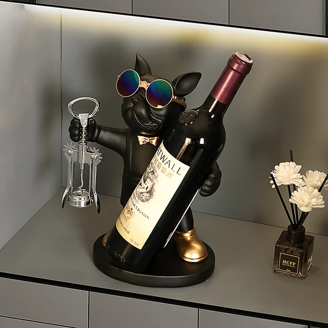 Statue de chien porte-bouteille de vin pour décoration de Table, Animal nordique, décoration de maison, chien dans la chambre, bouledogue français, ornements de salle en résine 2