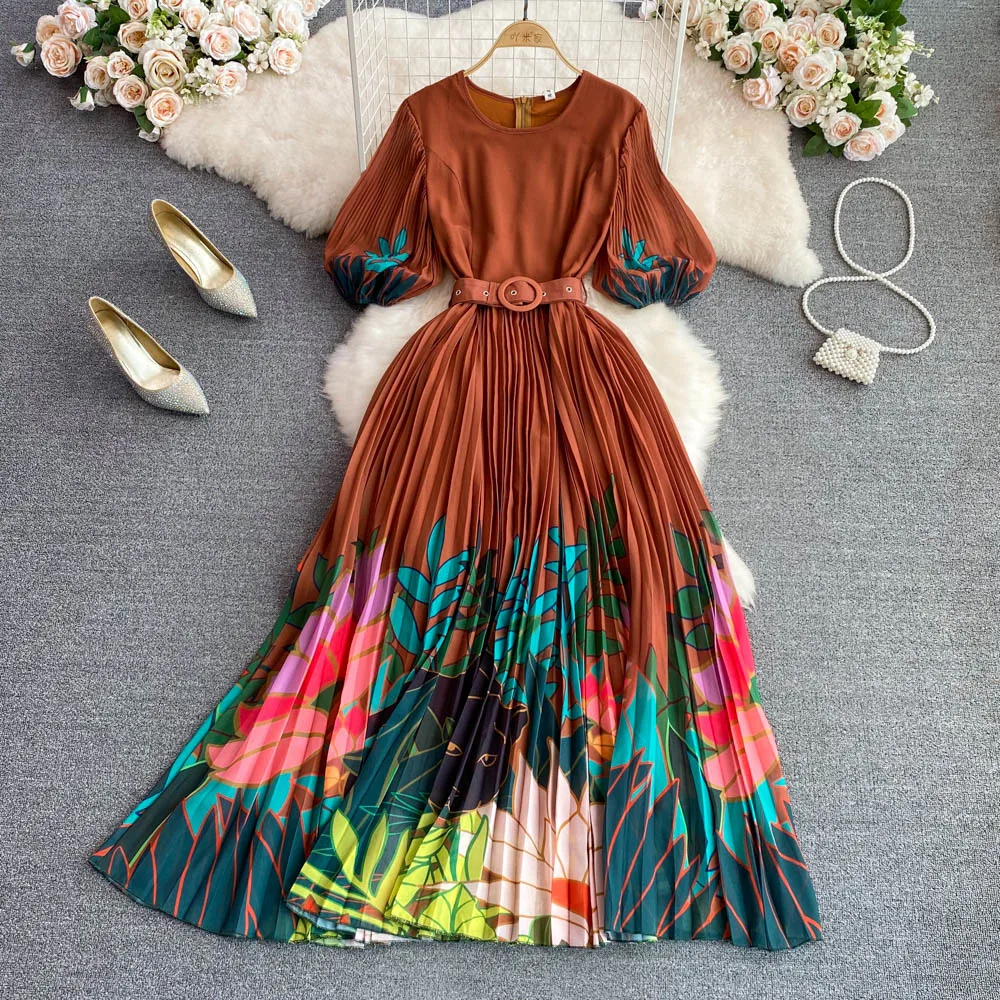 

Summer High-end Round Neck Puff Sleeves Waist Slimming Positioning Printing A-line Dress Elegant Large Swing Long Dress