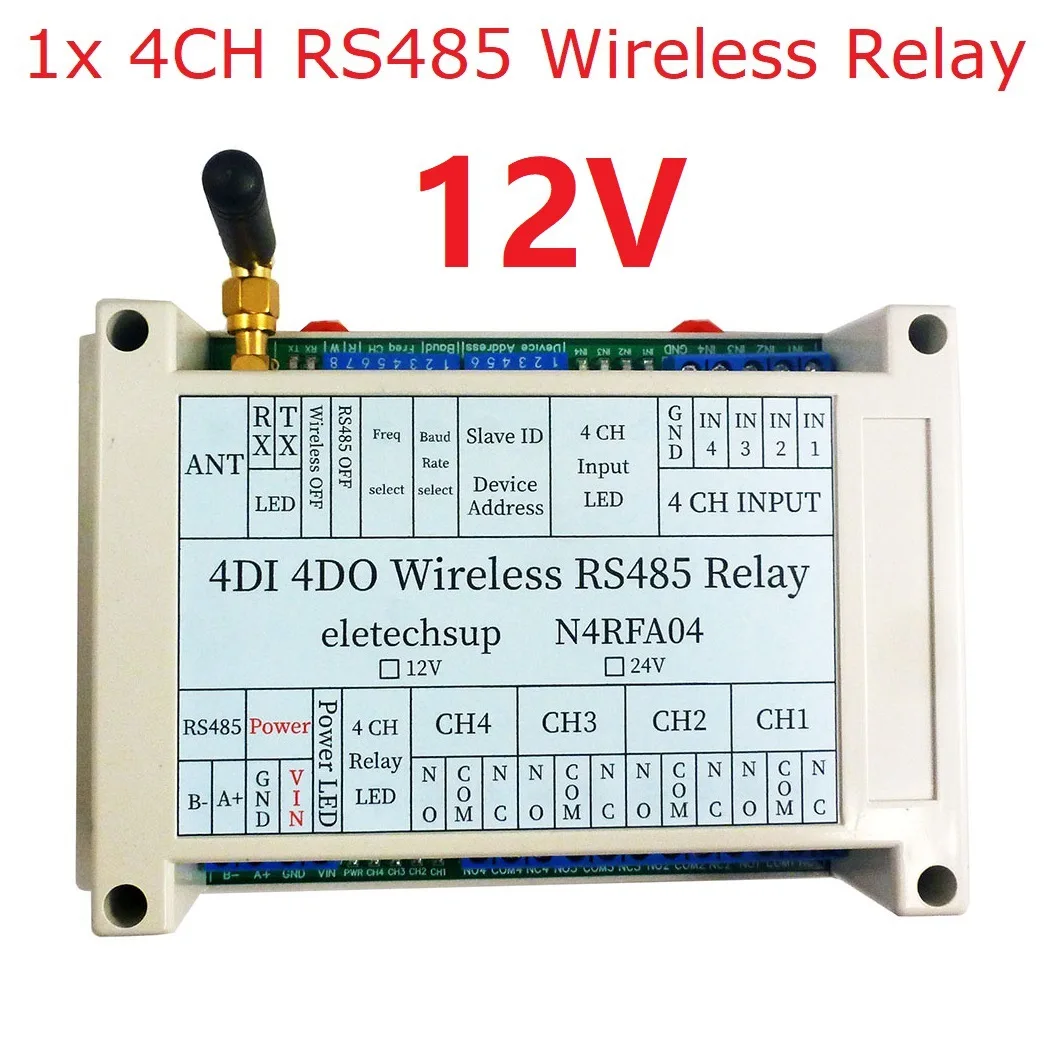 

4DI-DO 433M Wireless 4CH RS485 Bus Relay Module RF Master-Slave Networking Remote IO Swicth Board for PLC Industrial Equipment