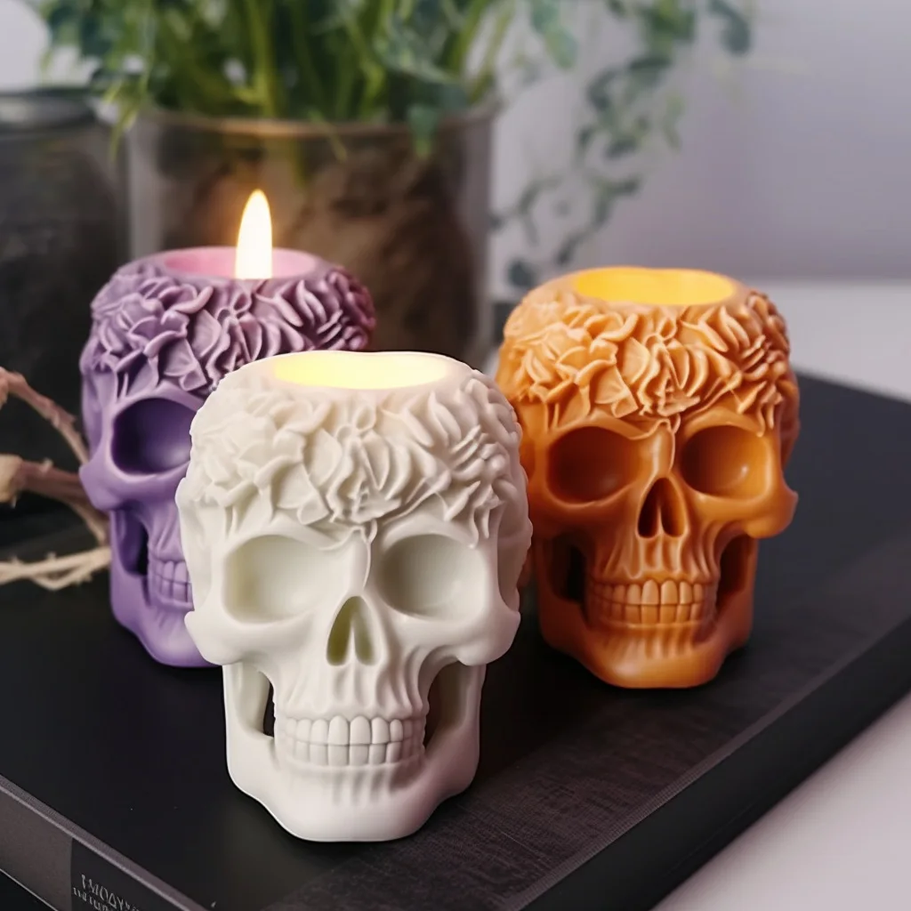 Lumora 3D Flower Skull Silicone Candle Mold front view