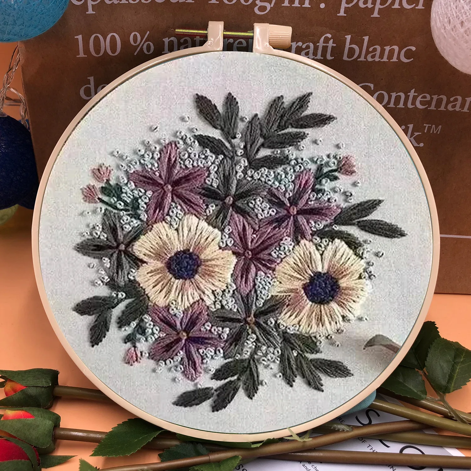 DIY Stamped Embroidery Kit European Style Flowers Plants pattern with  Embroidery Hoop Floss Threads Needles for Beginners