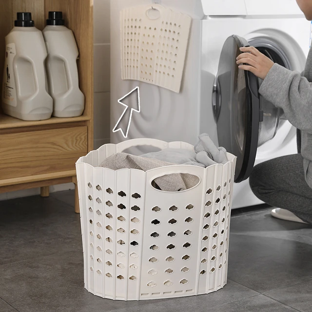 Cesta de lavandería plegable montada en la pared, cesta de almacenamiento  de plástico para ropa sucia de baño - AliExpress