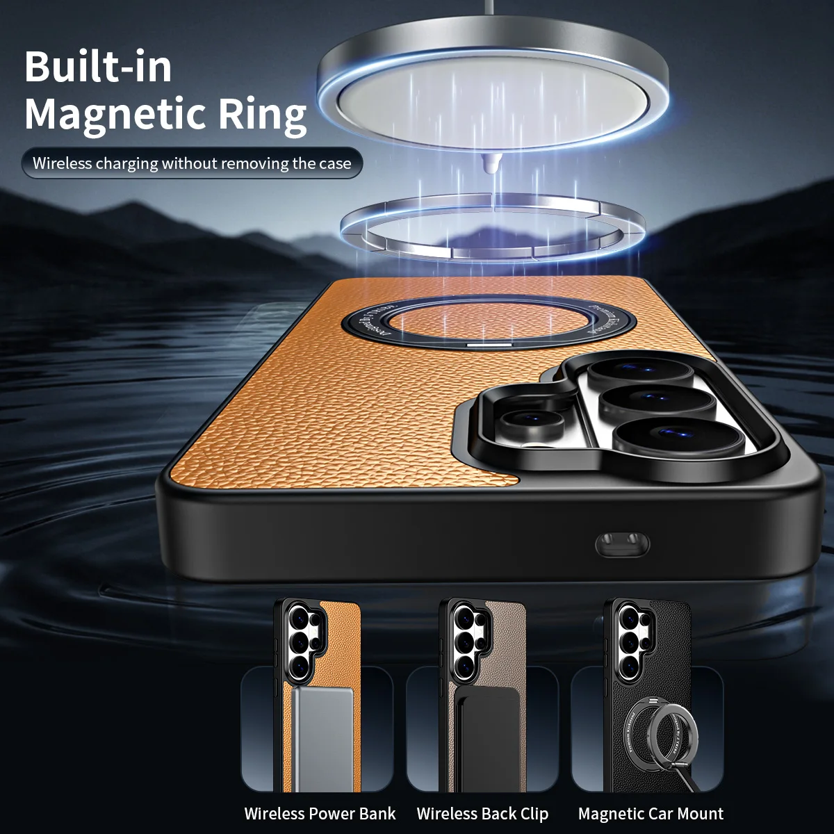 Magnetic 360° Rotating Stand Luxury Leather Phone Case with Wireless Charging