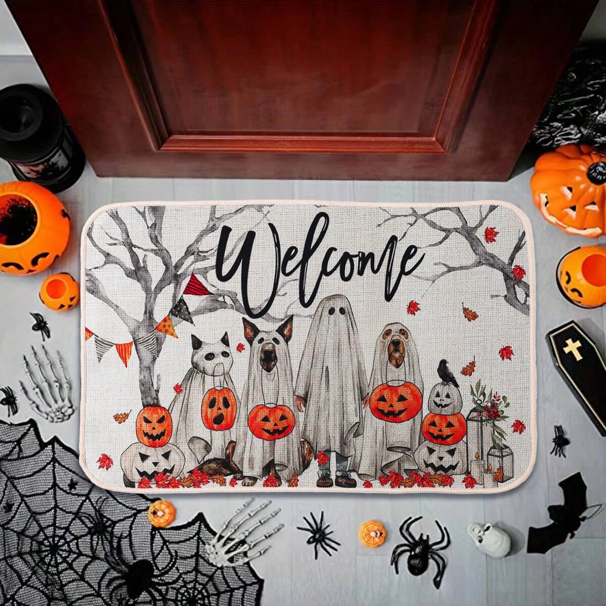Halloween Pumpkin Skeletons Door Mat Spooky Skull Non-Slip Welcome Entrance Rugs Kitchen Bedroom Living Room Carpet Decoration door mat,fun doormat